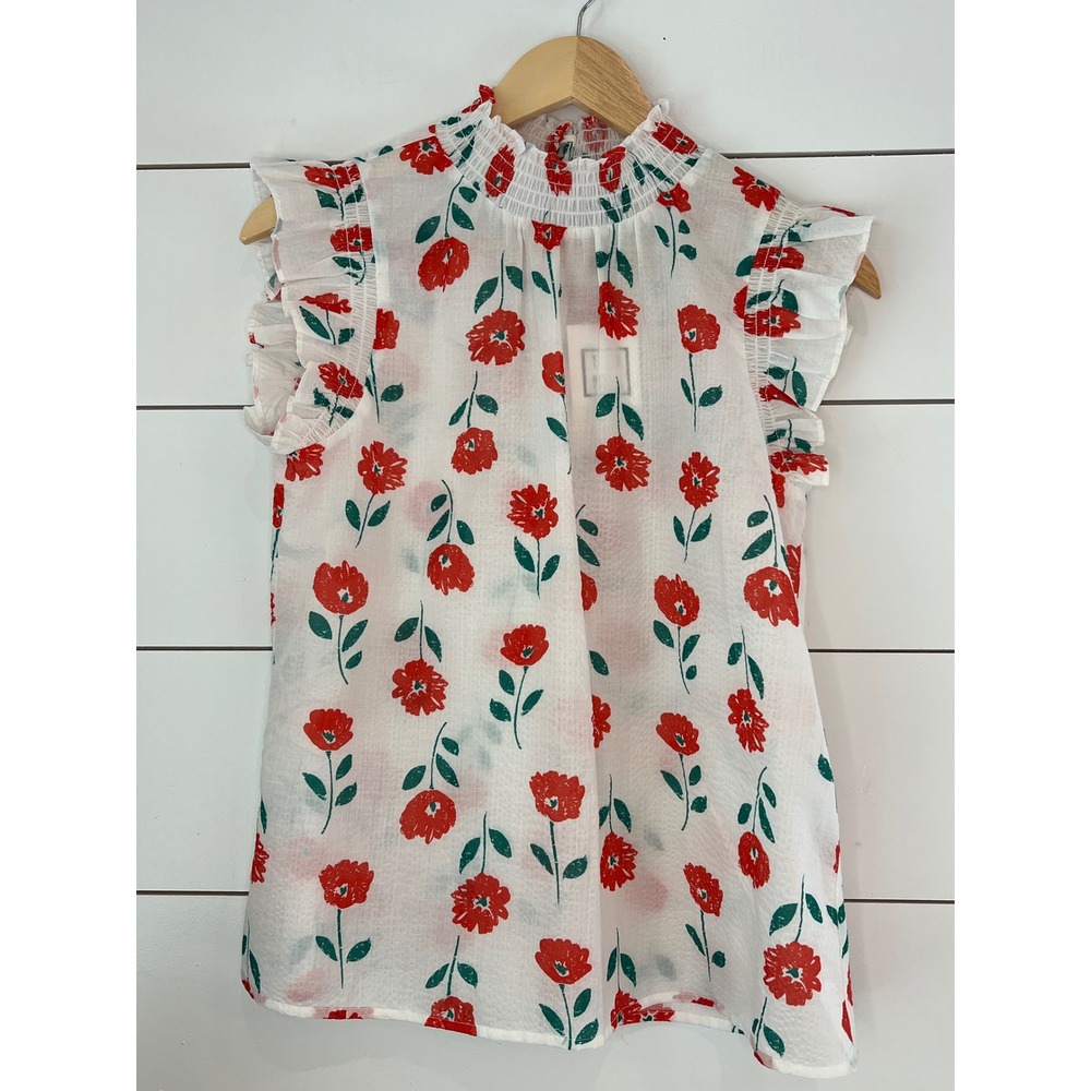 NWT THML Floral Smocked High Neck Ruffle Sleeve Top Red White Small Cottagecore - Picture 2 of 10